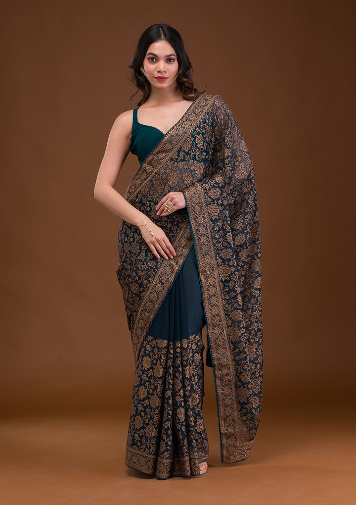 Peacock Blue Zariwork Georgette Saree