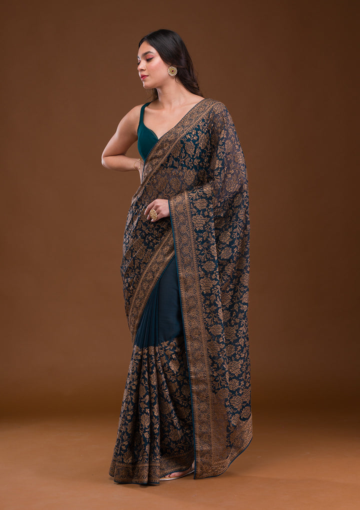 Peacock Blue Zariwork Georgette Saree