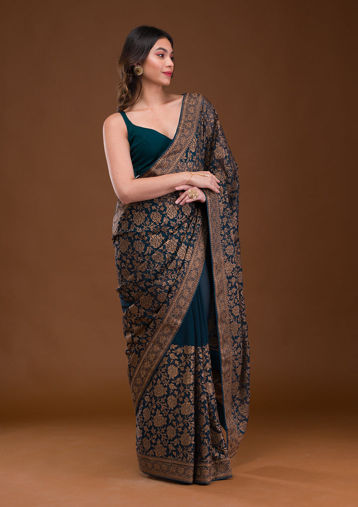 Peacock Blue Zariwork Georgette Saree