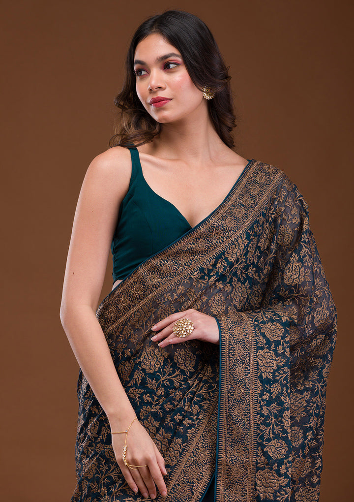 Peacock Blue Zariwork Georgette Saree