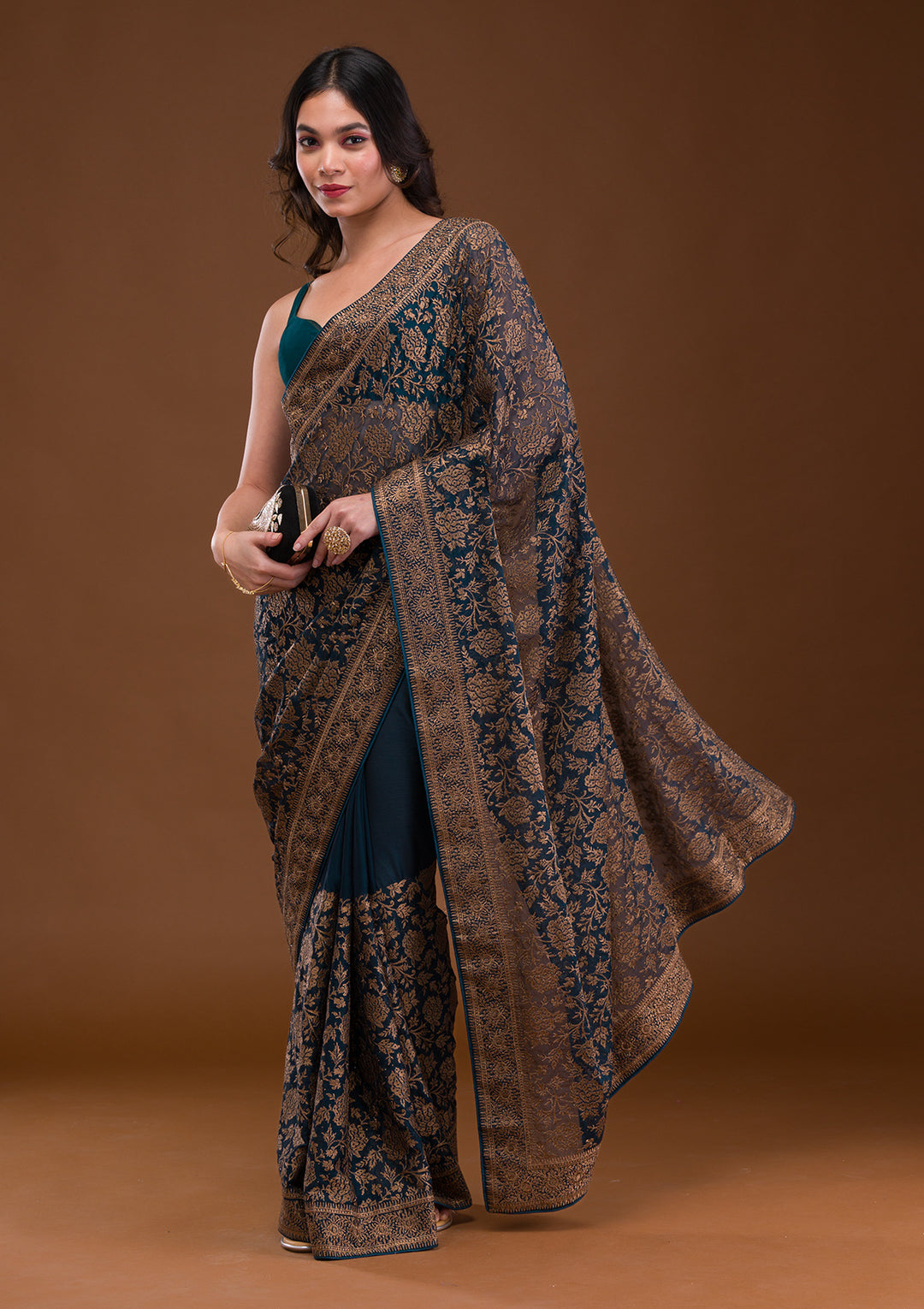 Peacock Blue Zariwork Georgette Saree
