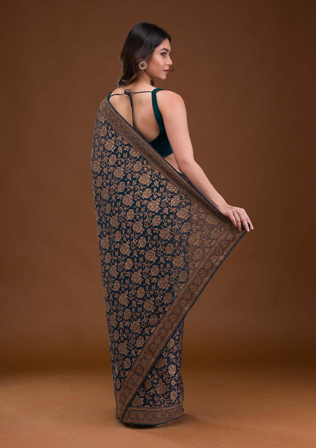 Peacock Blue Zariwork Georgette Saree