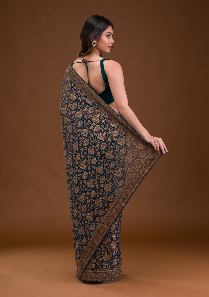 Peacock Blue Zariwork Georgette Saree