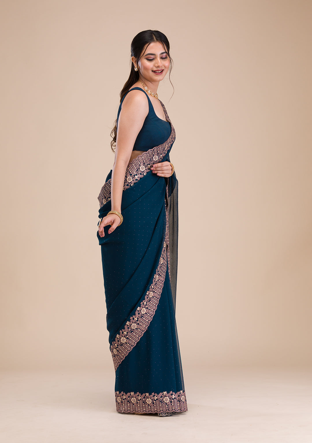 Peacock Blue Zariwork Georgette Saree