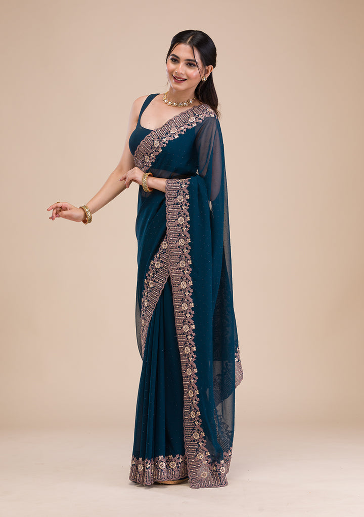 Peacock Blue Zariwork Georgette Saree