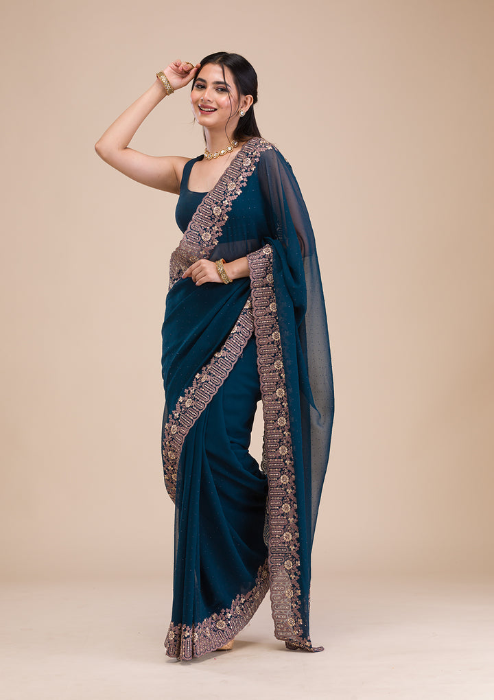 Peacock Blue Zariwork Georgette Saree