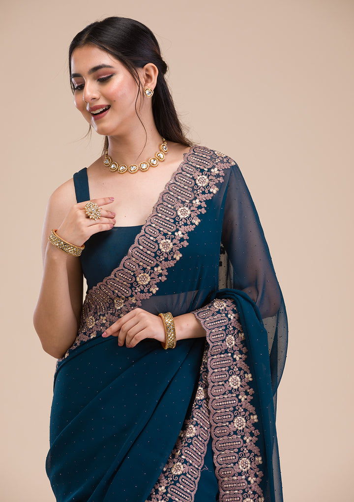 Peacock Blue Zariwork Georgette Saree