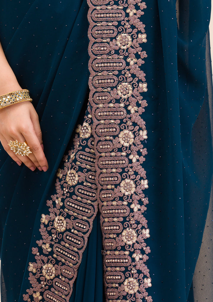 Peacock Blue Zariwork Georgette Saree