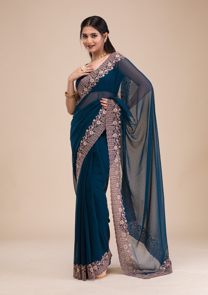 Peacock Blue Zariwork Georgette Saree