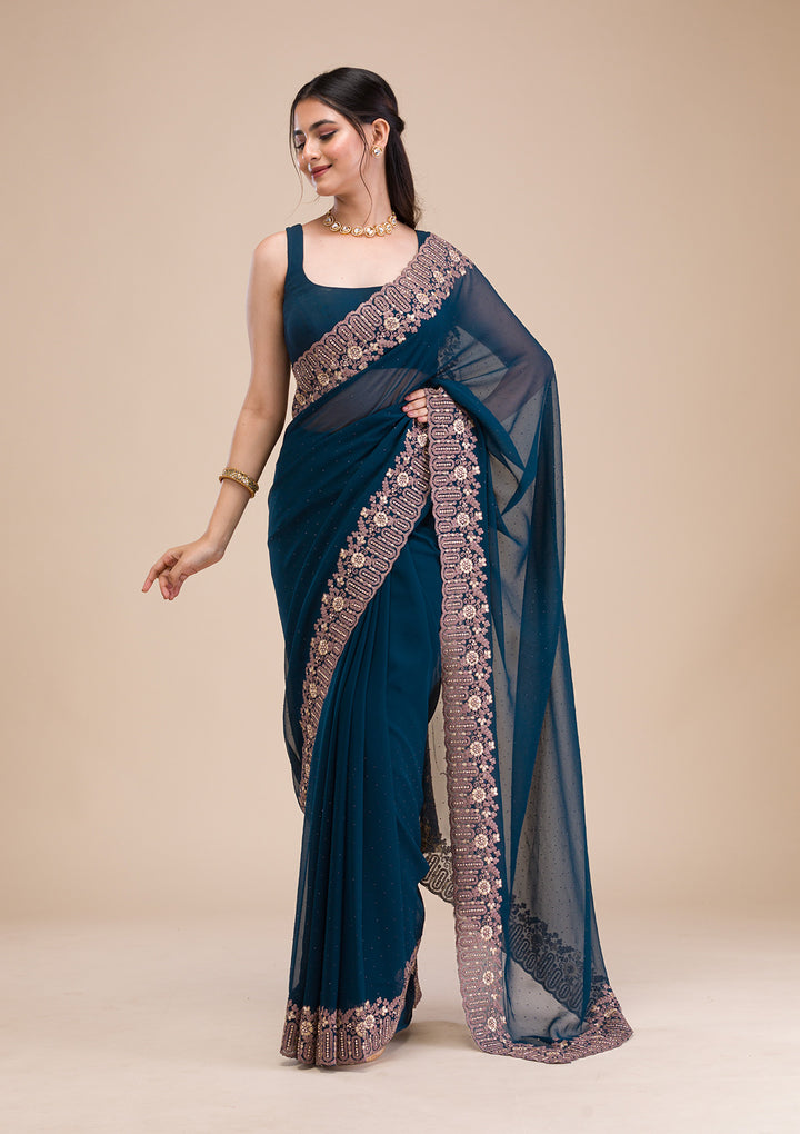 Peacock Blue Zariwork Georgette Saree