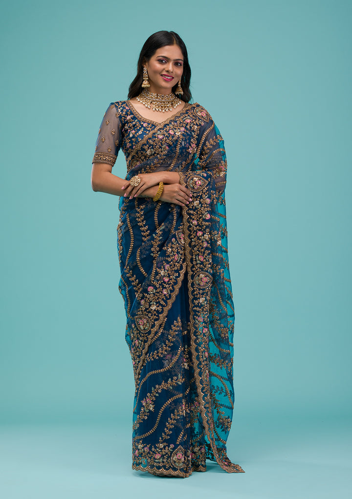 Peacock Blue Zariwork Net Saree