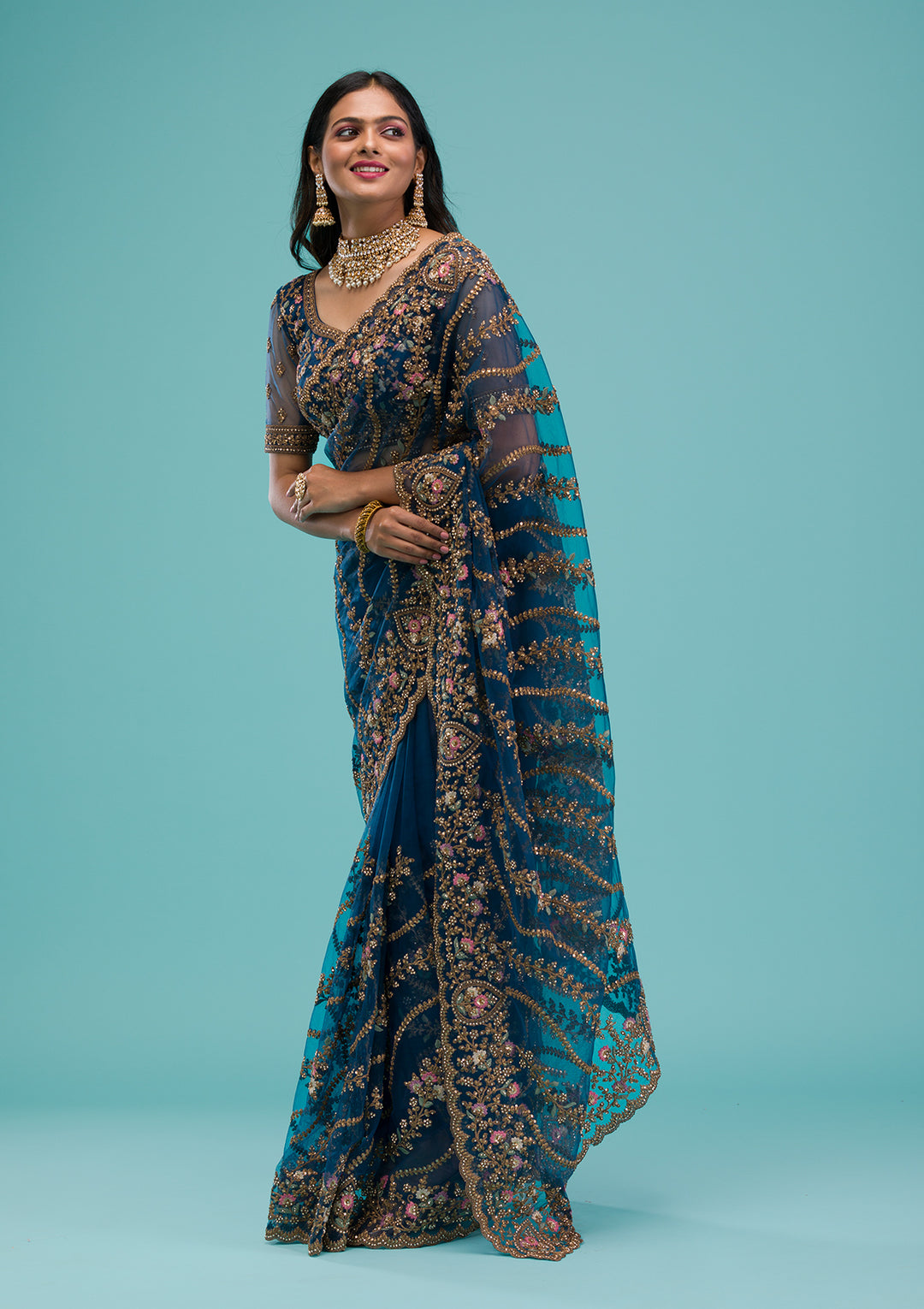 Peacock Blue Zariwork Net Saree