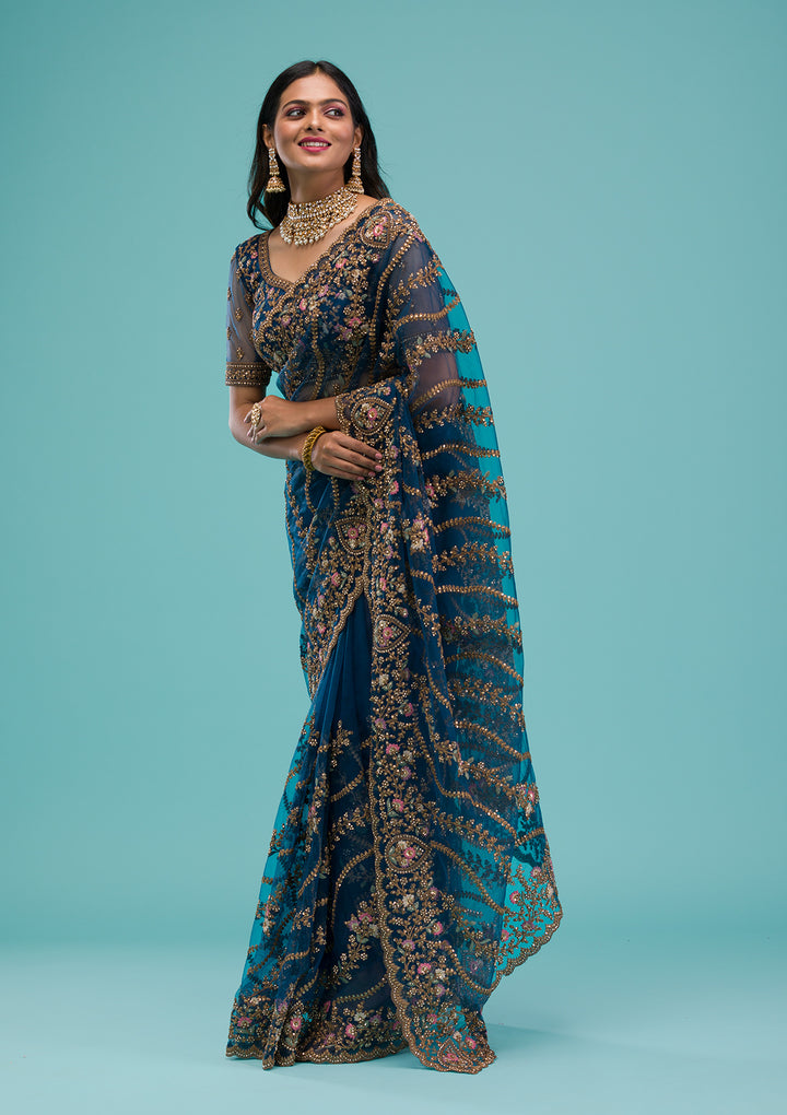 Peacock Blue Zariwork Net Saree