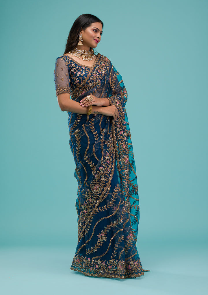 Peacock Blue Zariwork Net Saree