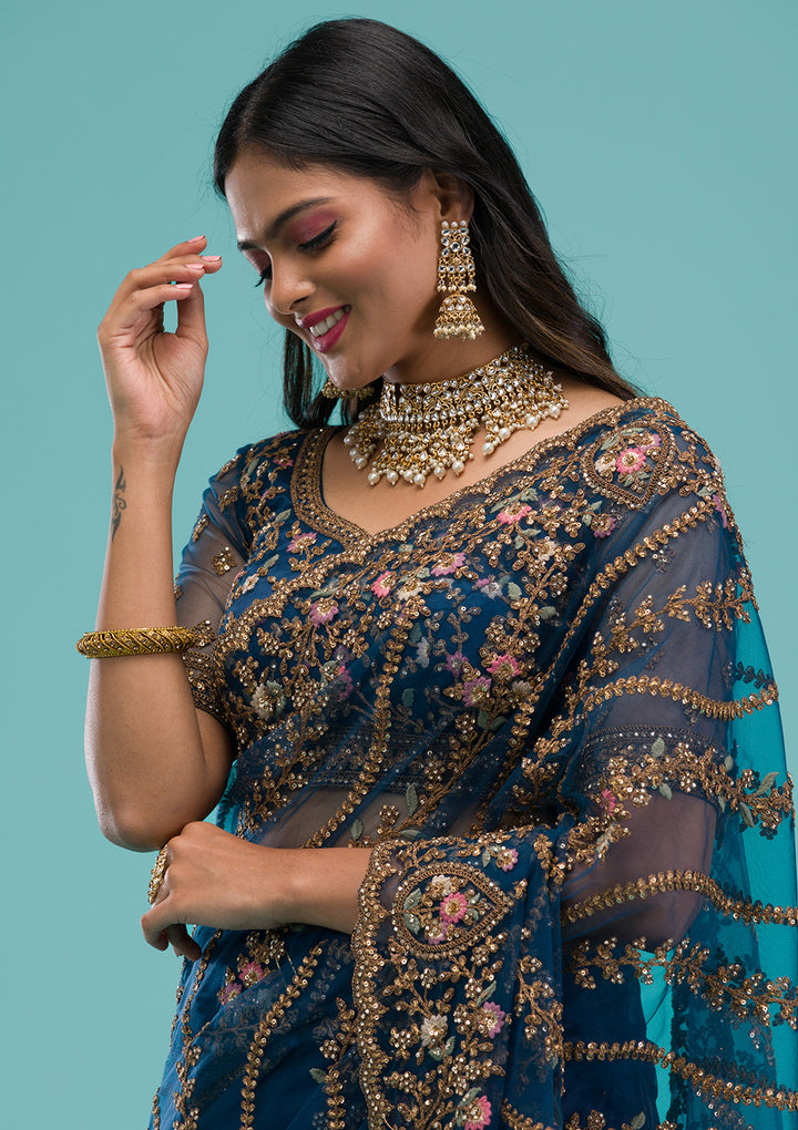 Peacock Blue Zariwork Net Saree