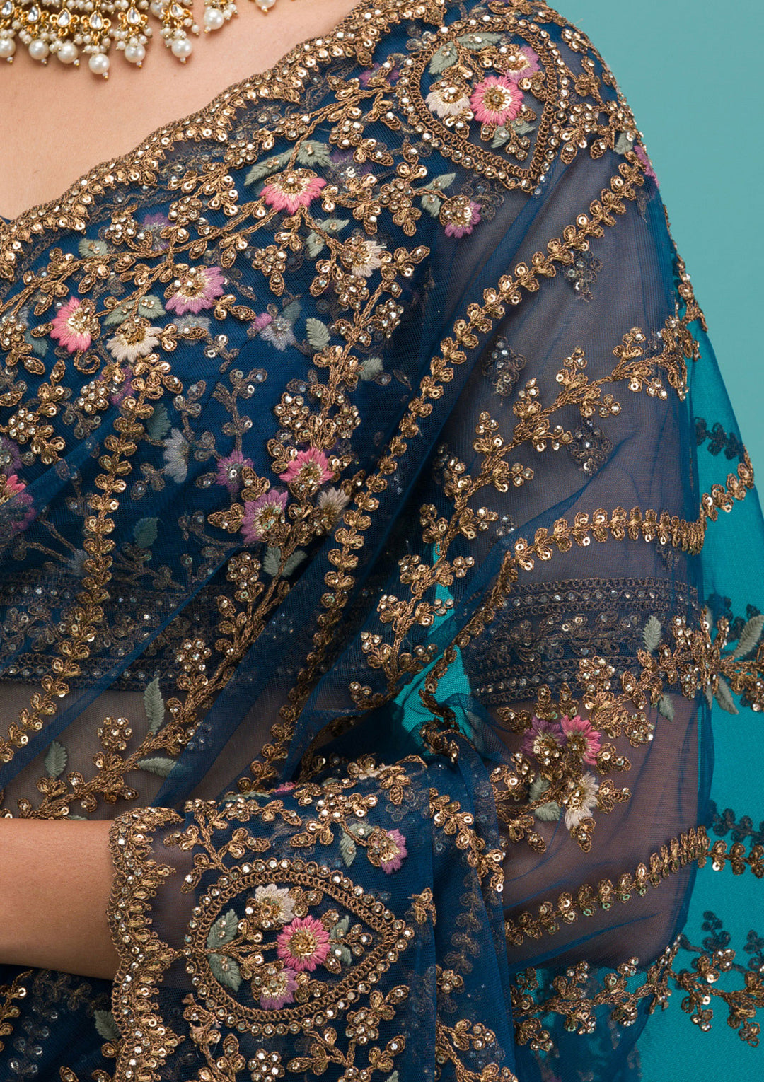 Peacock Blue Zariwork Net Saree