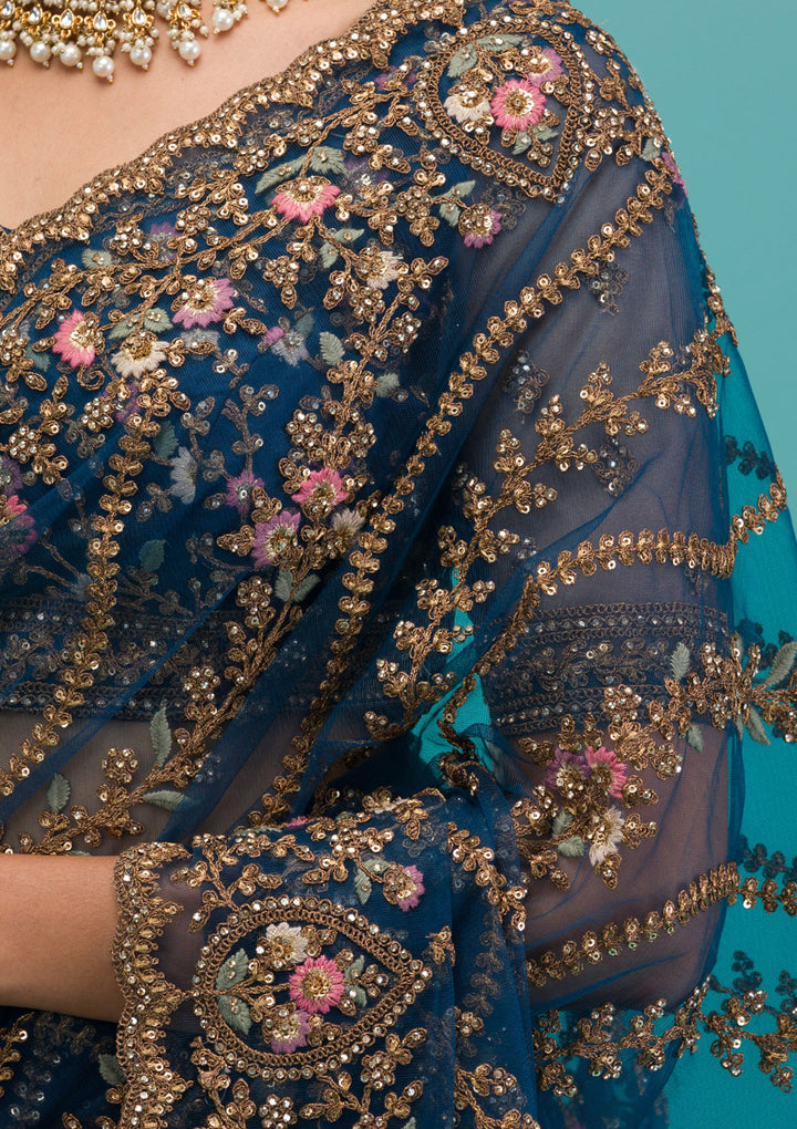 Peacock Blue Zariwork Net Saree