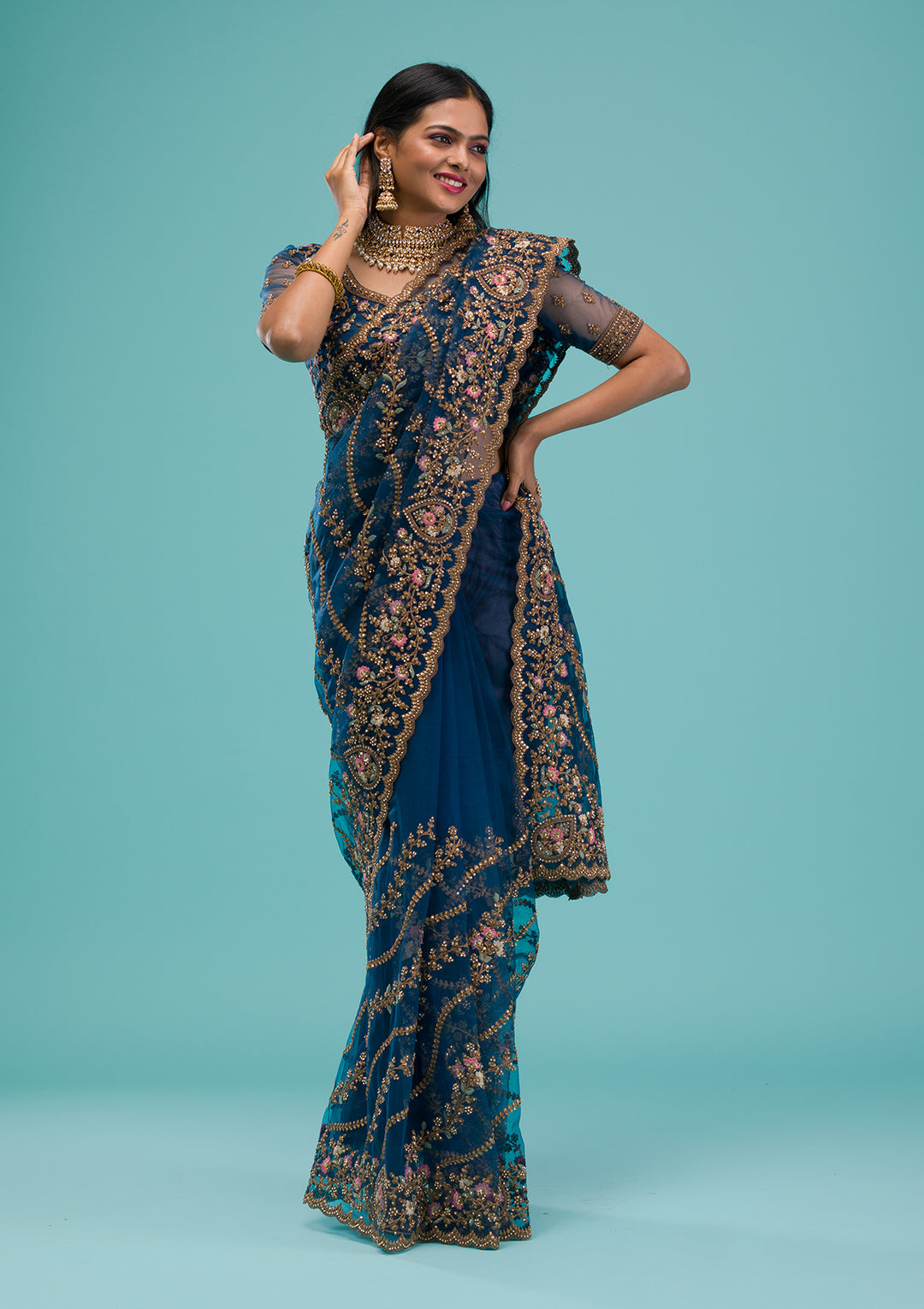 Peacock Blue Zariwork Net Saree