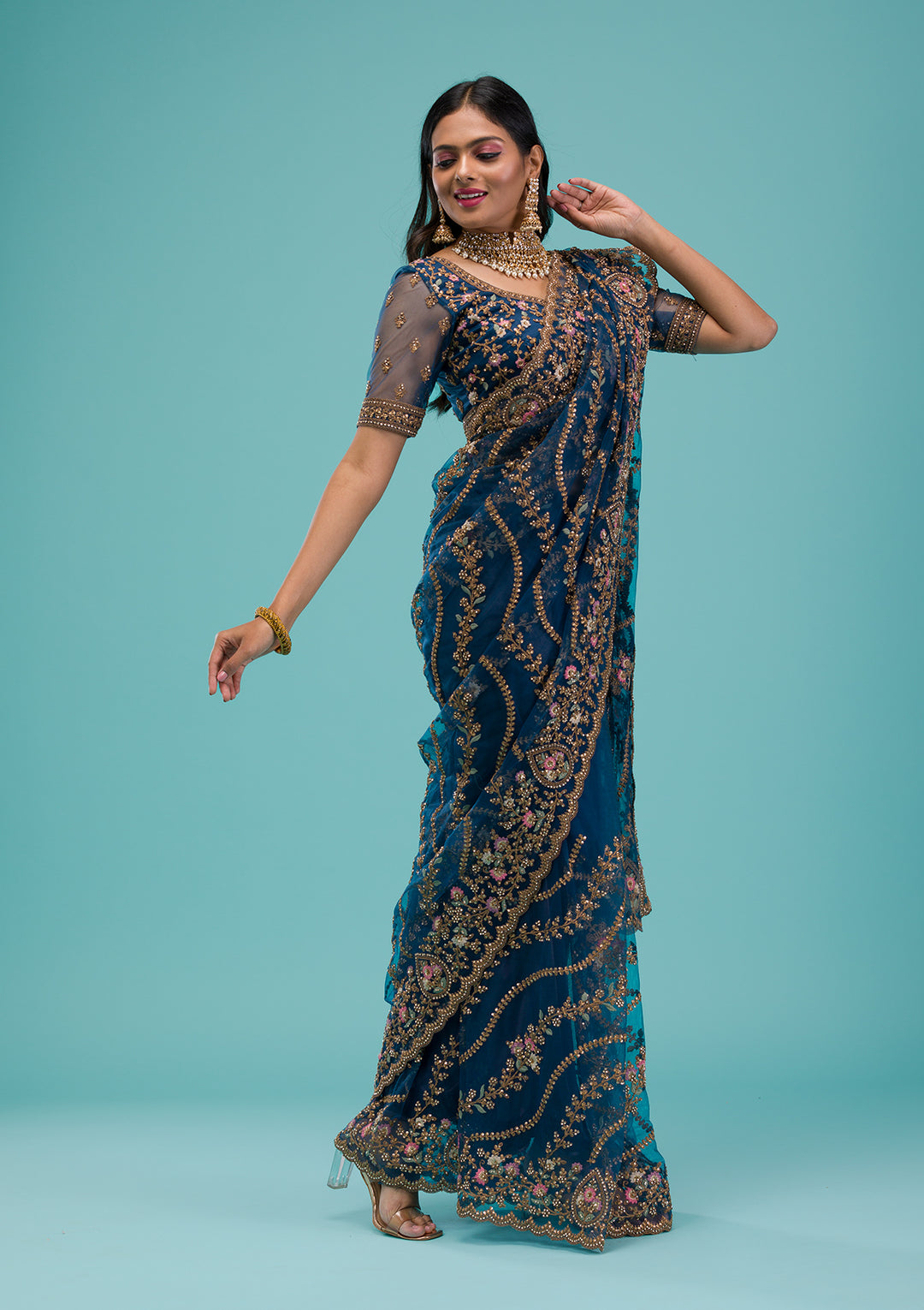 Peacock Blue Zariwork Net Saree