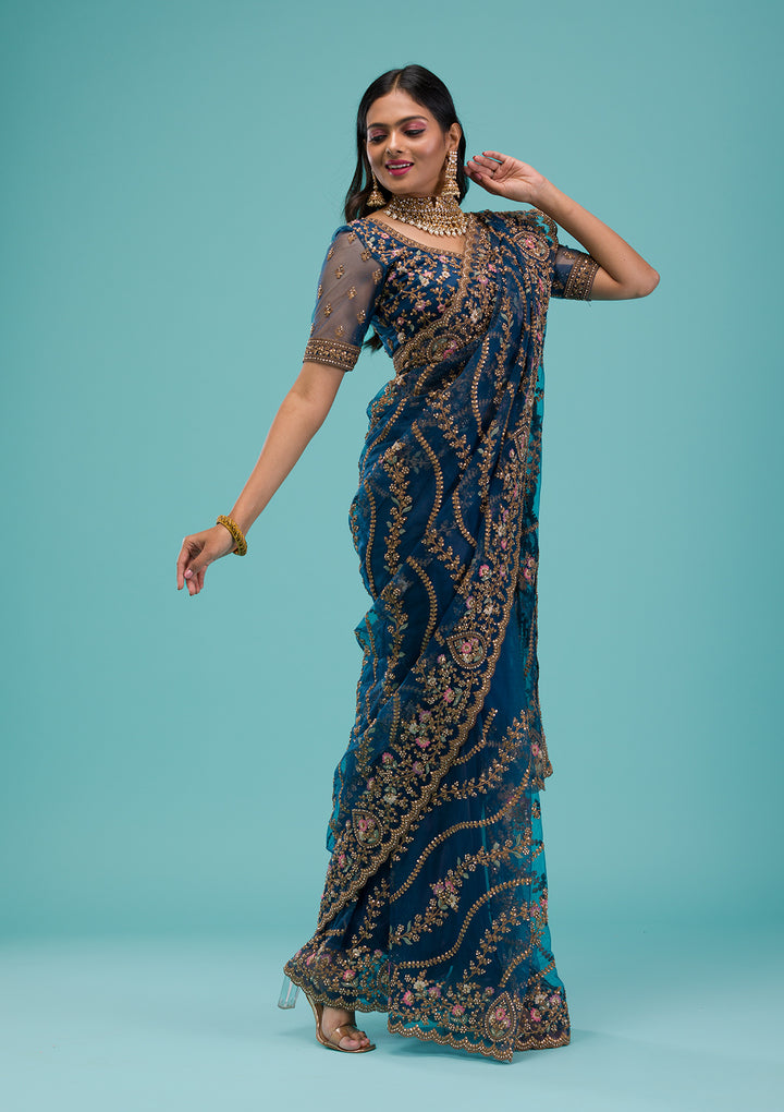 Peacock Blue Zariwork Net Saree
