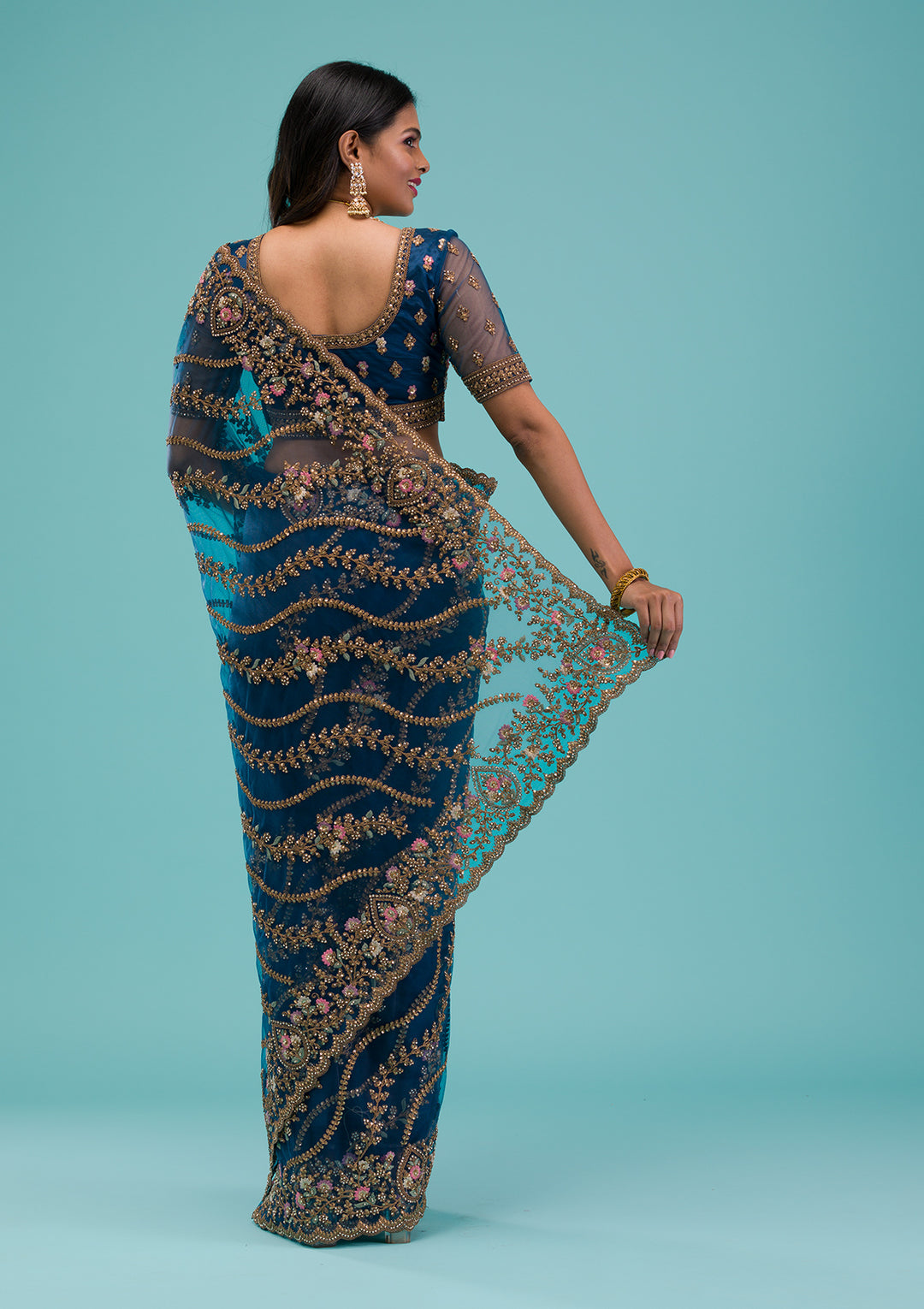 Peacock Blue Zariwork Net Saree