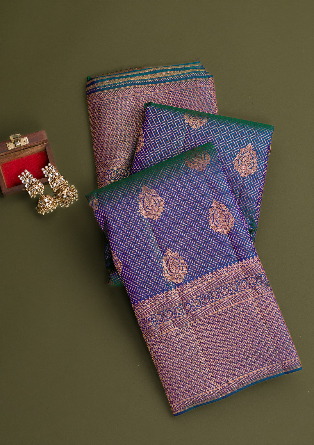 Peacock Blue Copper Zariwork Pure Silk Saree-Koskii