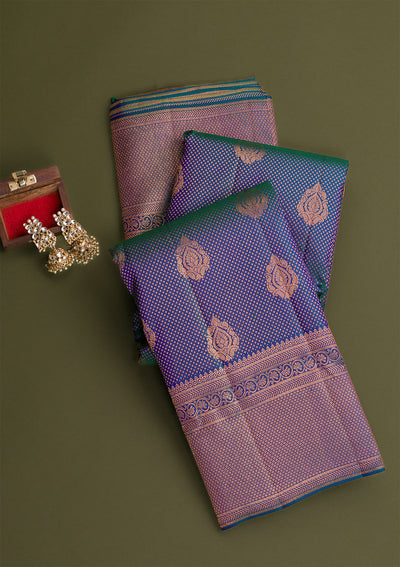 Peacock Blue Copper Zariwork Pure Silk Saree-Koskii