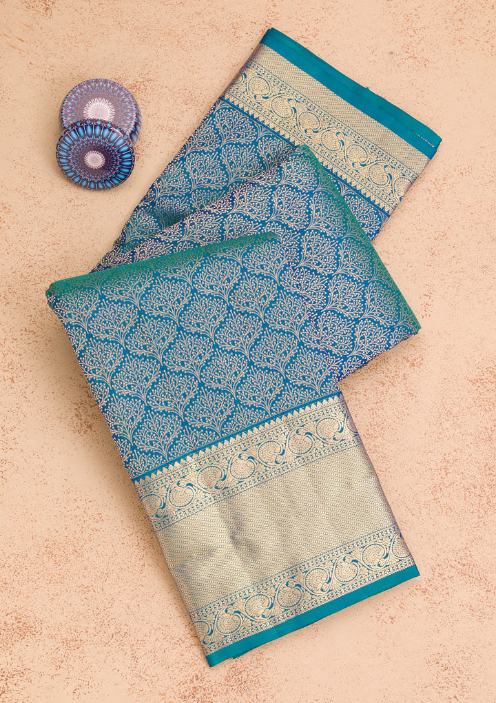 Peacock Blue Zariwork Pure Silk Saree