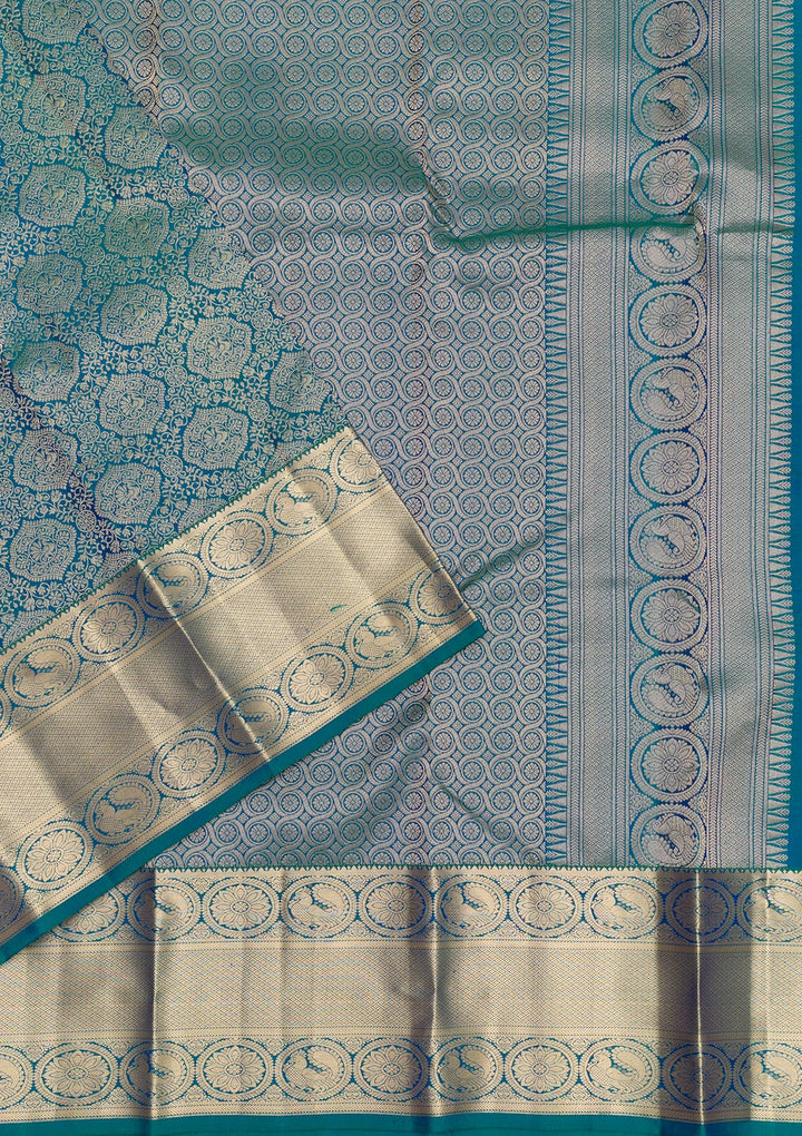 Peacock Blue Zariwork Pure Silk Saree-Koskii