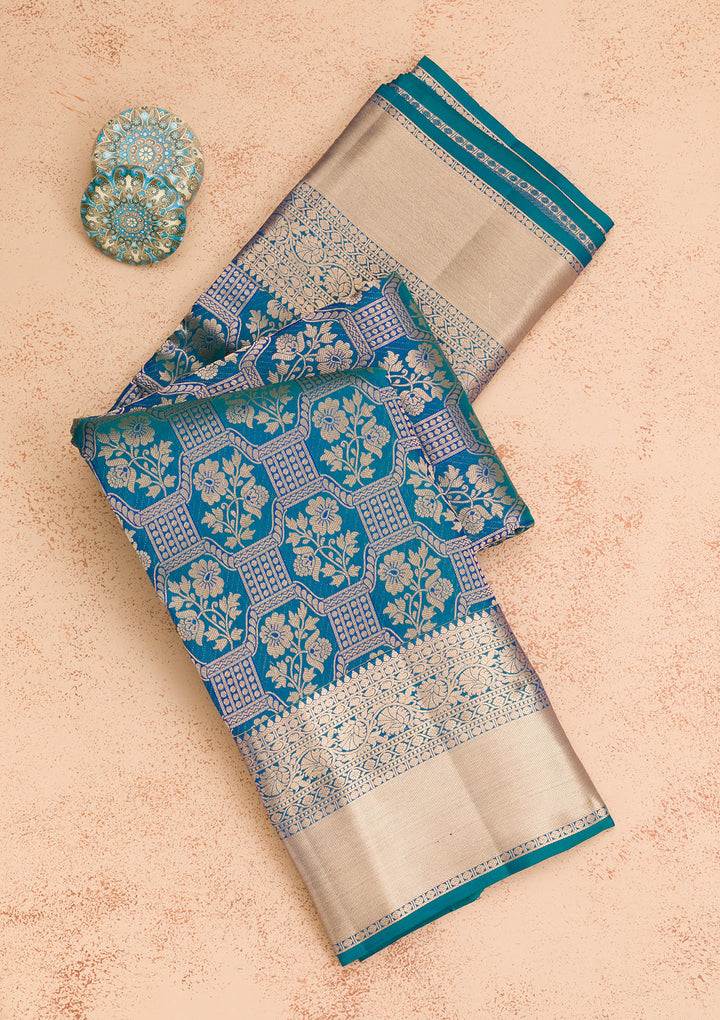 Peacock Blue Zariwork Pure Silk Saree