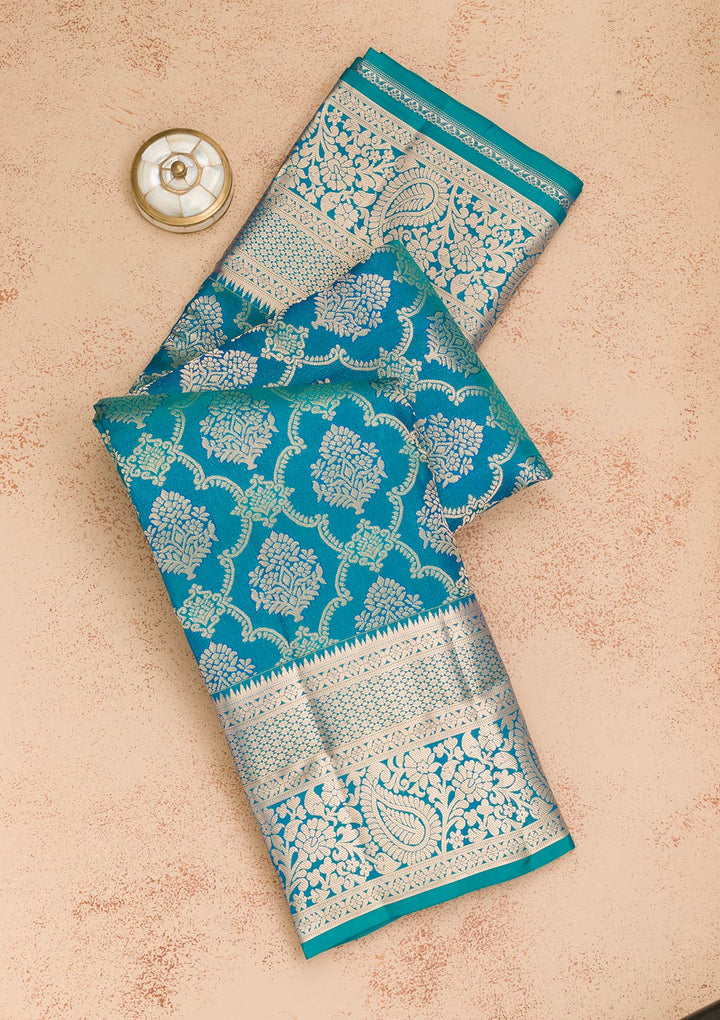 Peacock Blue Zariwork Pure Silk Saree