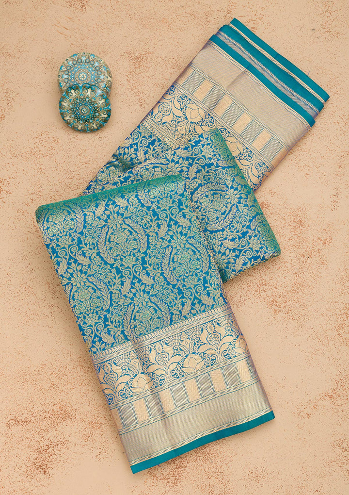Peacock Blue Zariwork Pure Silk Saree
