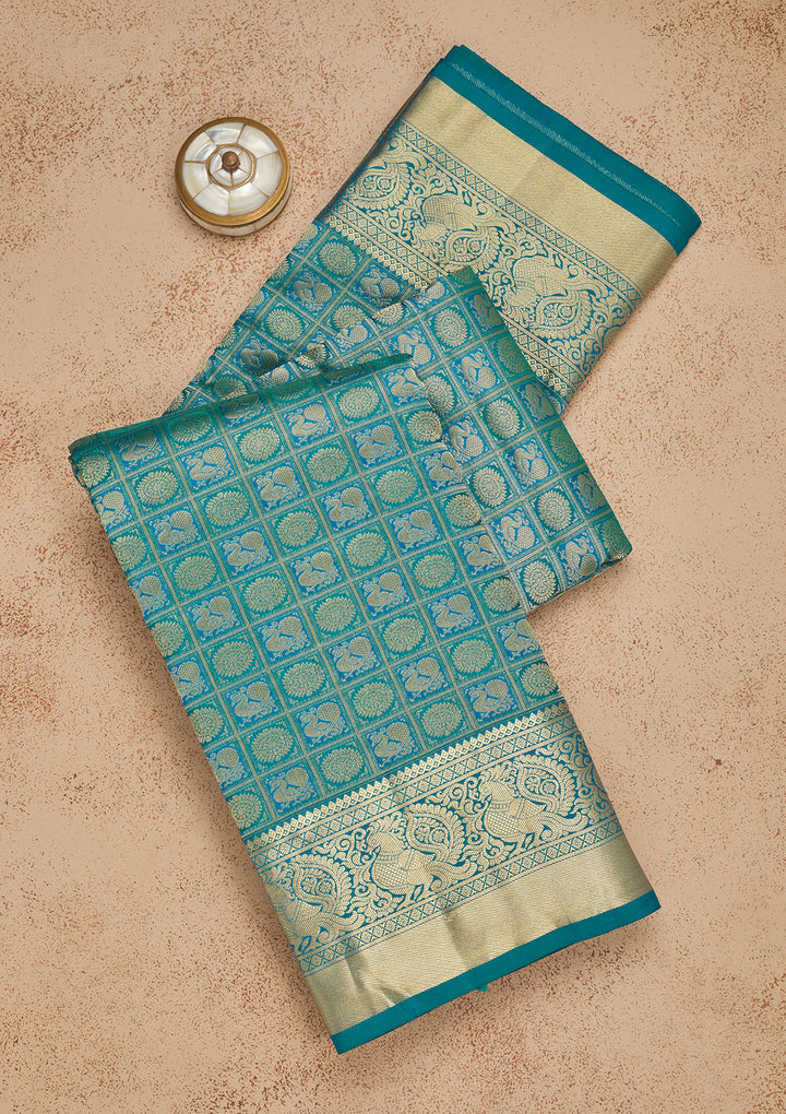 Peacock Blue Zariwork Pure Silk Saree