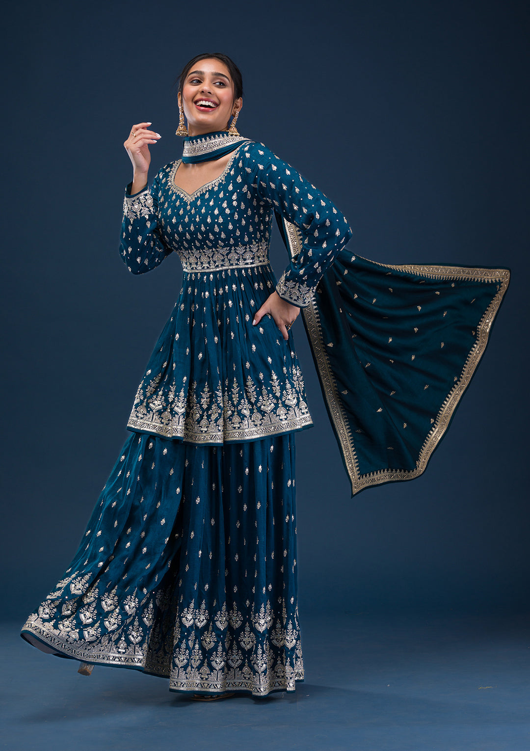 Peacock Blue Zariwork Raw Silk Readymade Salwar Suit
