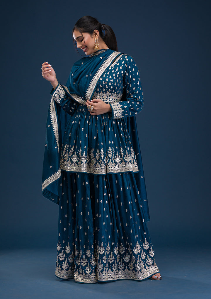 Peacock Blue Zariwork Raw Silk Readymade Salwar Suit