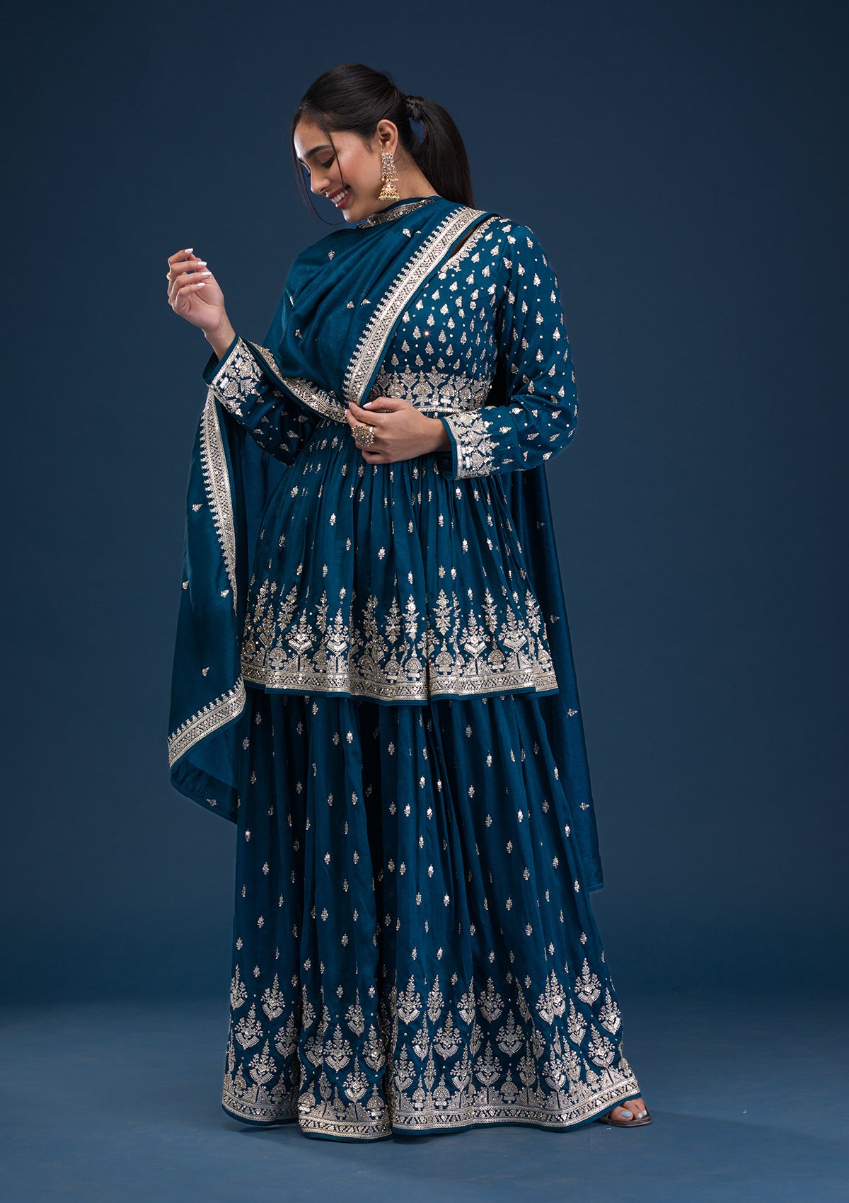 Peacock Blue Zariwork Raw Silk Readymade Salwar Suit