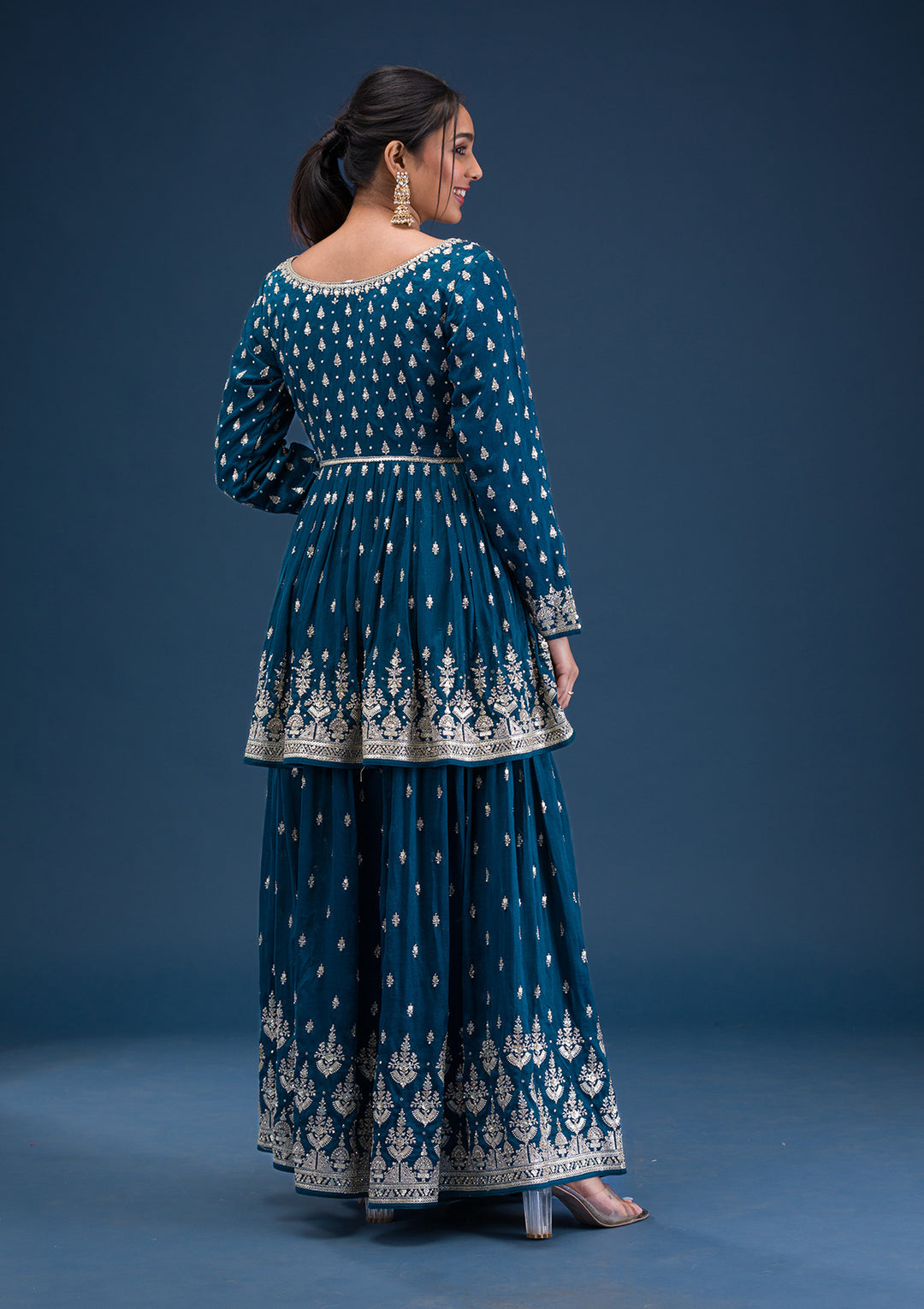 Peacock Blue Zariwork Raw Silk Readymade Salwar Suit