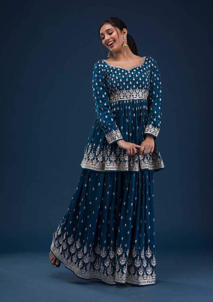 Peacock Blue Zariwork Raw Silk Readymade Salwar Suit