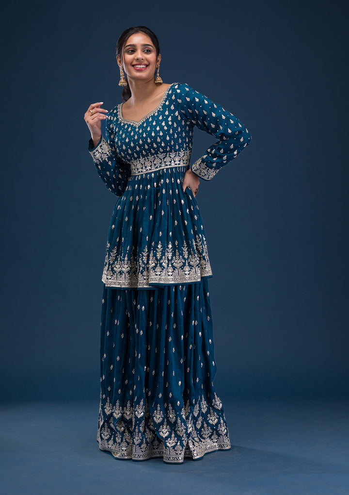 Peacock Blue Zariwork Raw Silk Readymade Salwar Suit