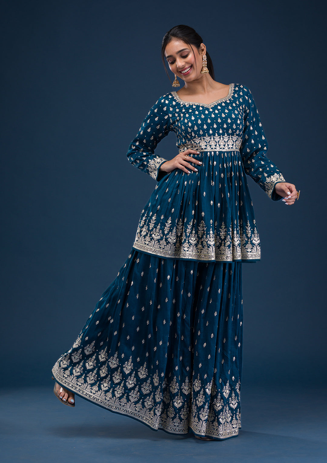 Peacock Blue Zariwork Raw Silk Readymade Salwar Suit