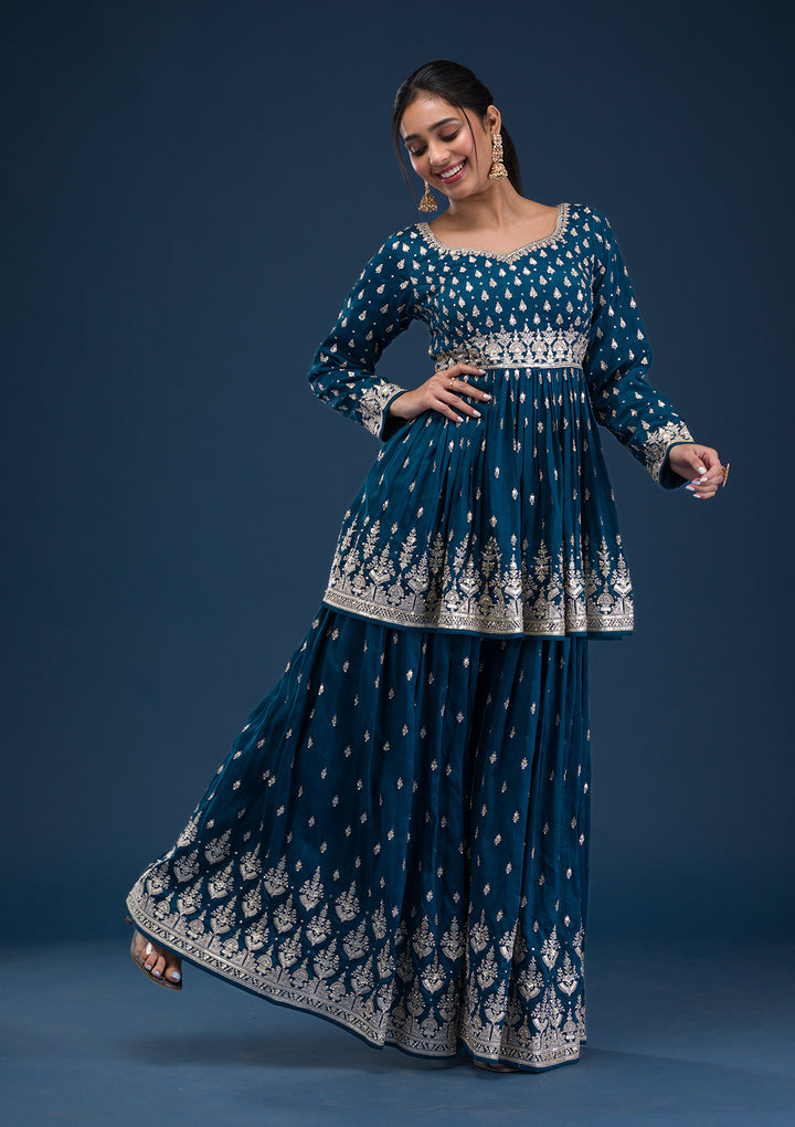 Peacock Blue Zariwork Raw Silk Readymade Salwar Suit