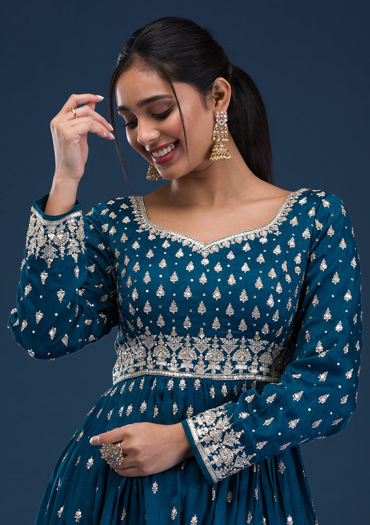 Peacock Blue Zariwork Raw Silk Readymade Salwar Suit