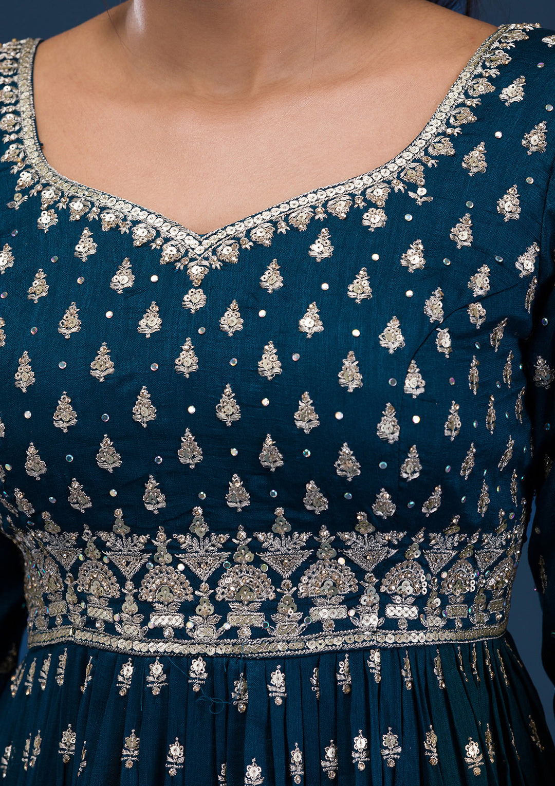 Peacock Blue Zariwork Raw Silk Readymade Salwar Suit