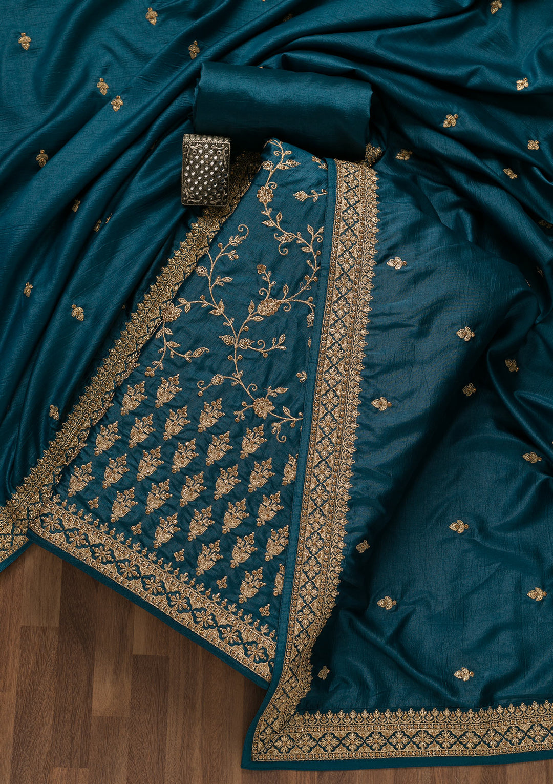 Peacock Blue Zariwork Raw Silk Unstitched Salwar Suit-Koskii
