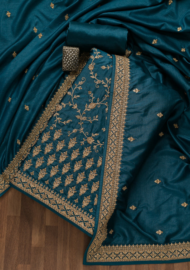 Peacock Blue Zariwork Raw Silk Unstitched Salwar Suit-Koskii