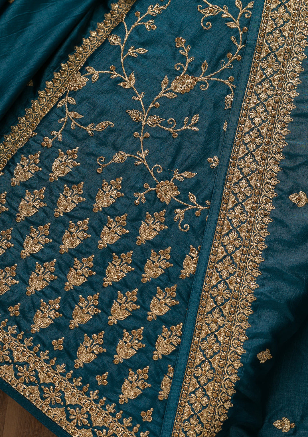 Peacock Blue Zariwork Raw Silk Unstitched Salwar Suit