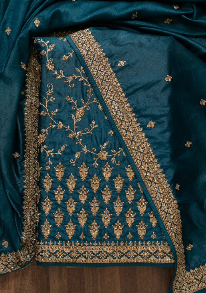 Peacock Blue Zariwork Raw Silk Unstitched Salwar Suit