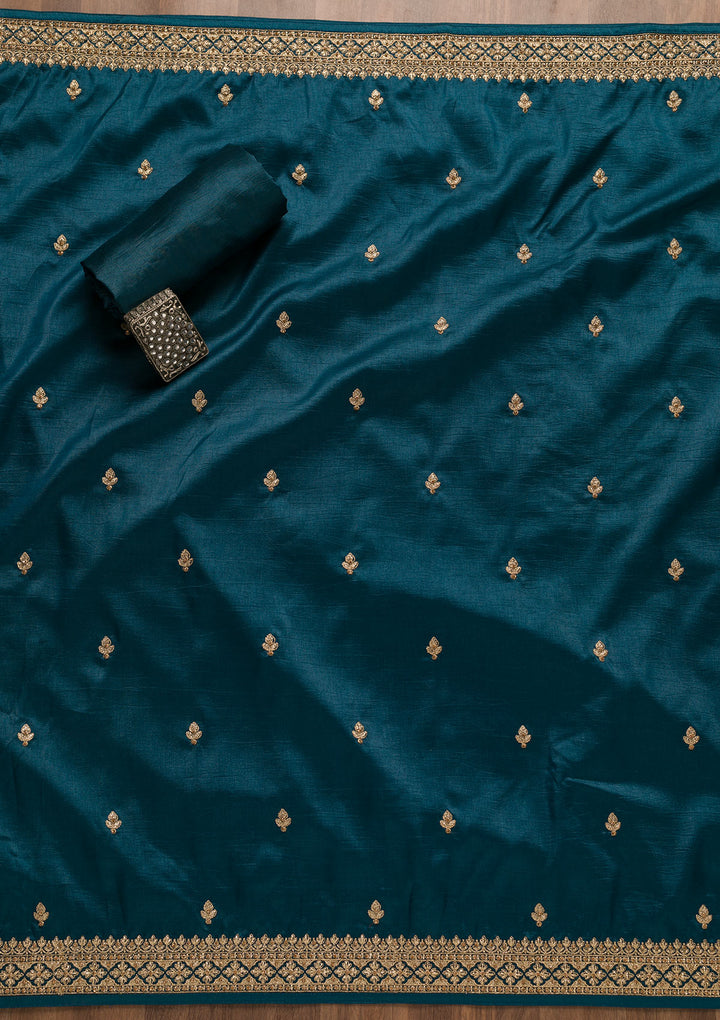 Peacock Blue Zariwork Raw Silk Unstitched Salwar Suit