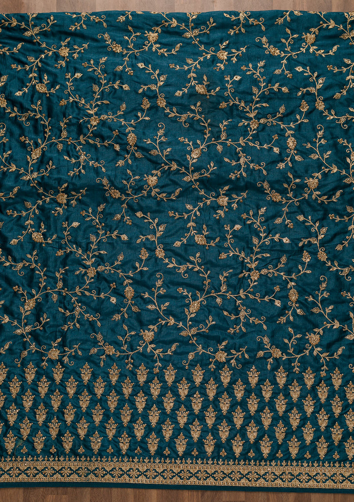 Peacock Blue Zariwork Raw Silk Unstitched Salwar Suit