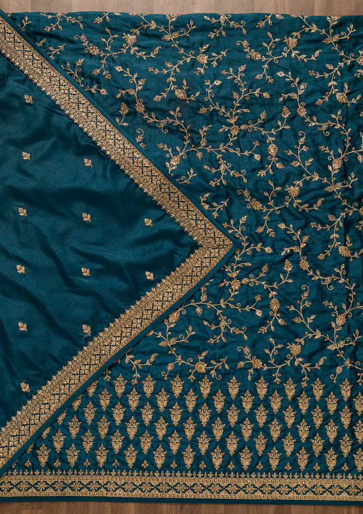 Peacock Blue Zariwork Raw Silk Unstitched Salwar Suit